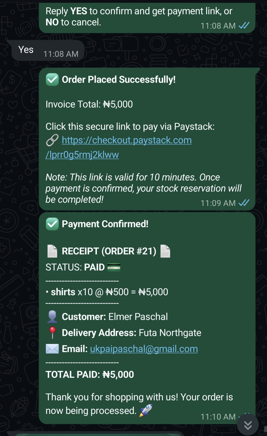 Order confirmation, Paystack link, and receipt in WhatsApp