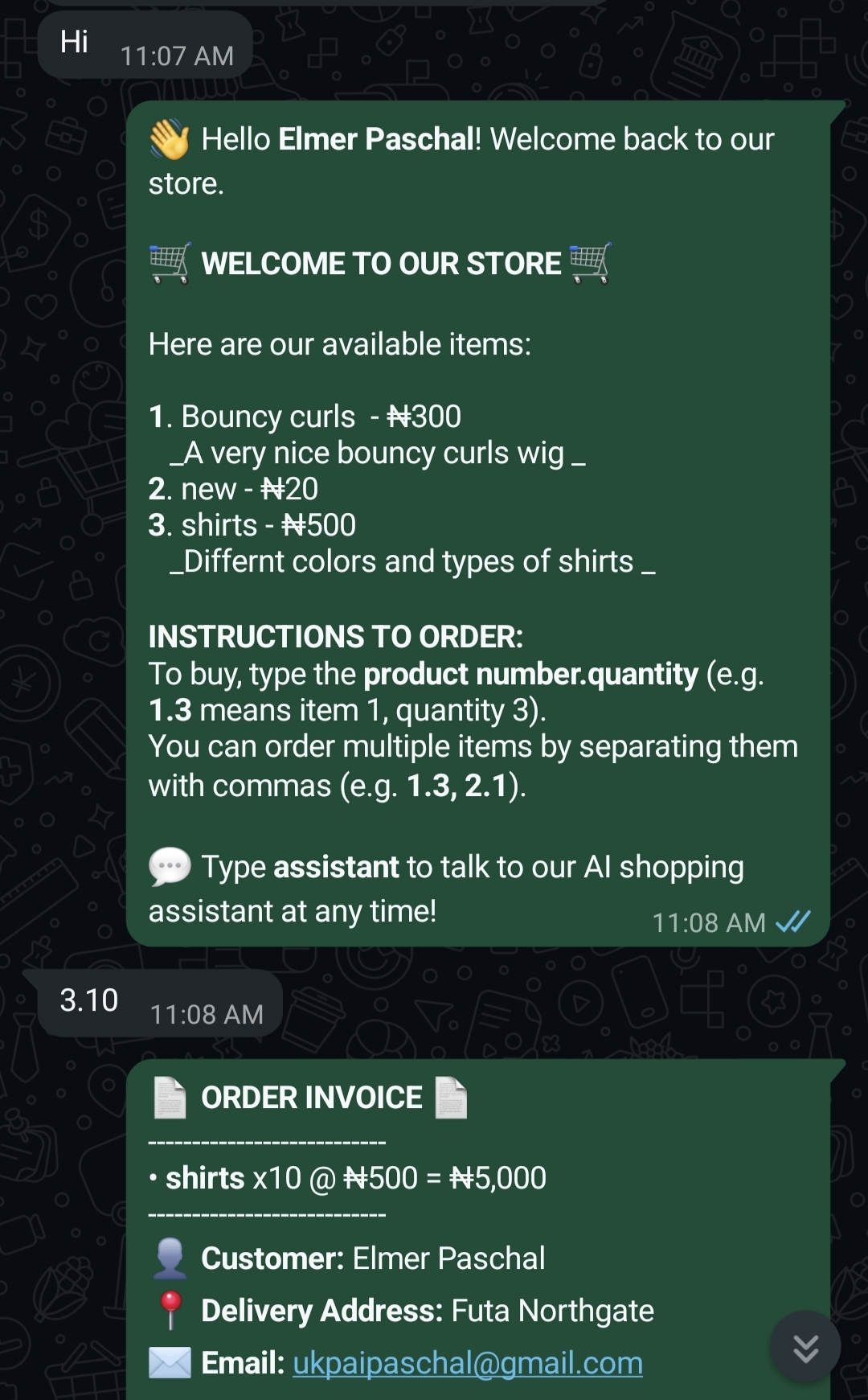 WhatsApp bot showing catalog and order flow